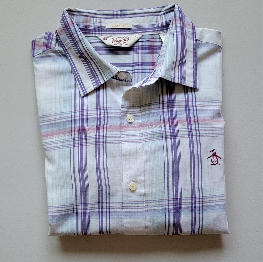 Original Penguin classic Blue and Purple plaid Long sleeve top button up shirt